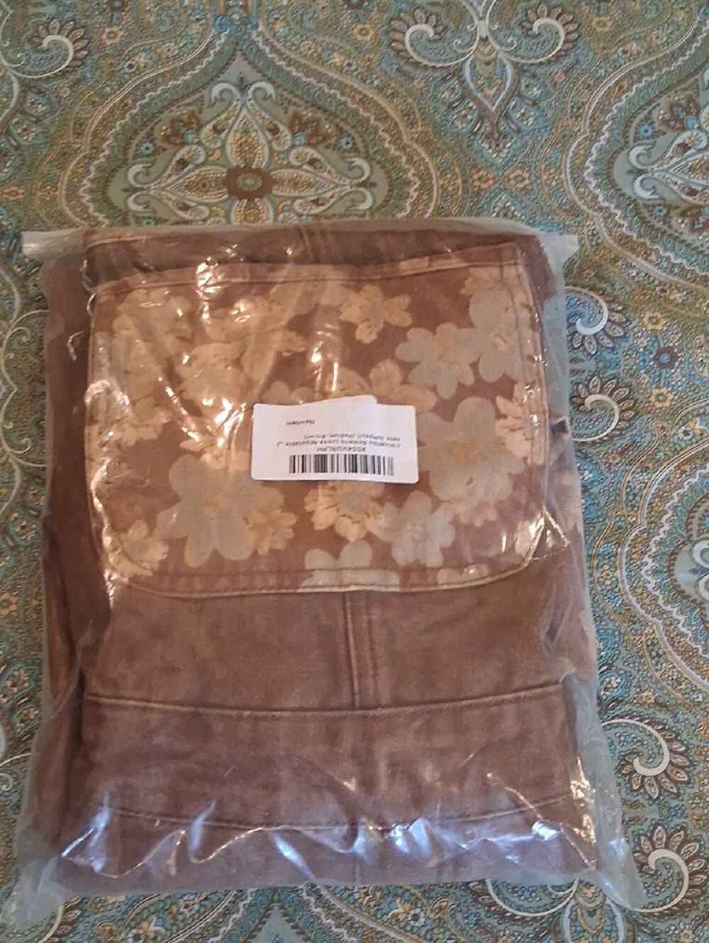 Brown Floral-Trim Denim Wide Leg Overalls for Women. Size Medium - Picture 7 of 7